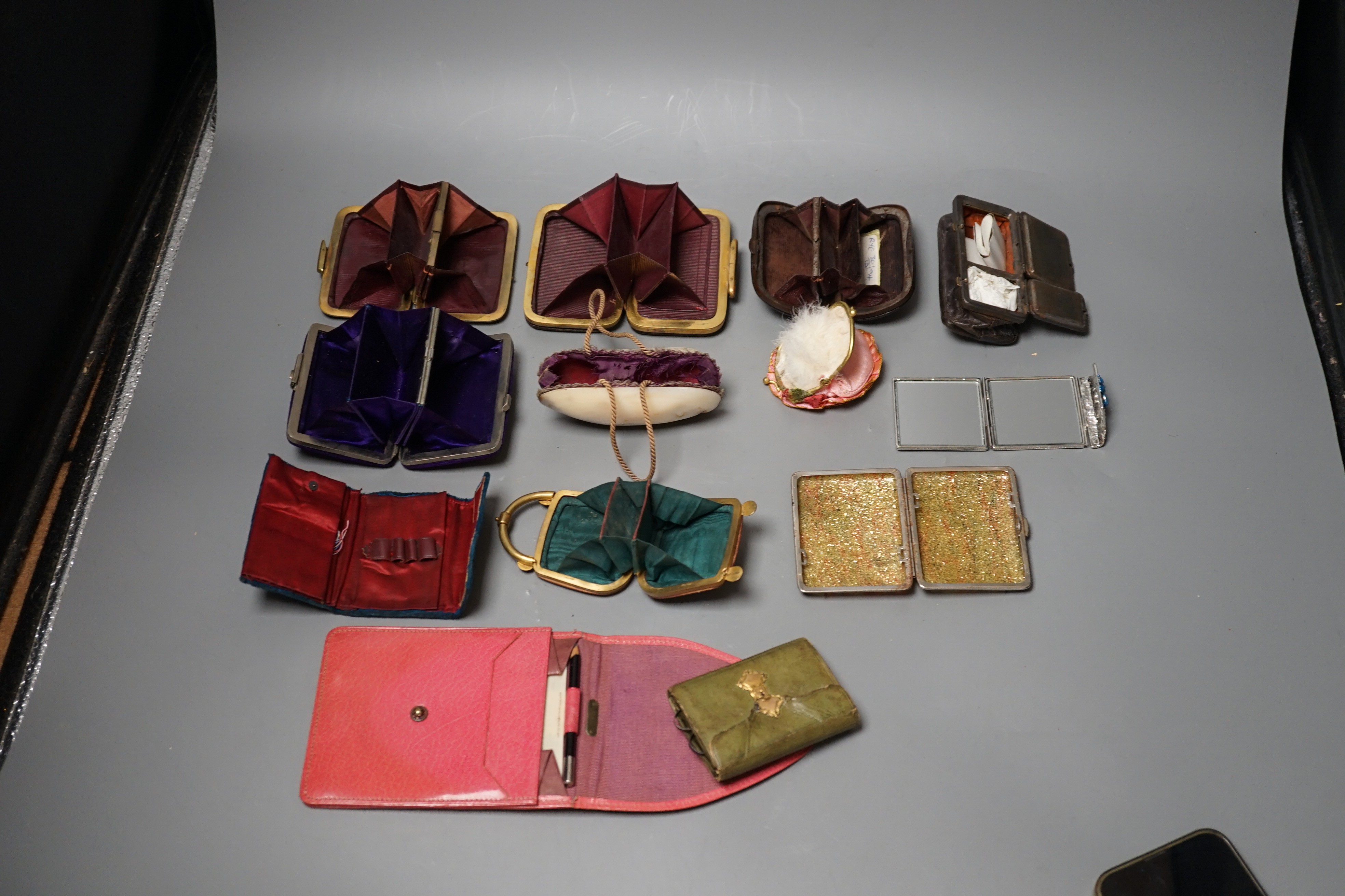 A collection of thirteen 19th century and 20th century ladies purses, one Morocco leather, five other leather purses, a shell purse, velvet embroidered purse and five others